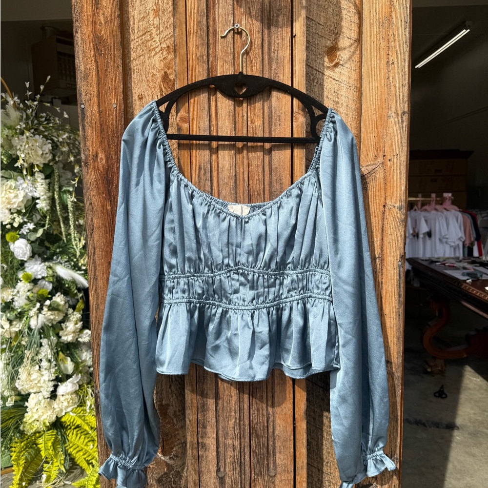 Altar'd State Teal Blouse with Ruffle Hem